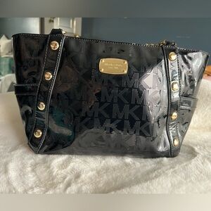 Michael Kors Patent Leather Tote Bag Black MK Logo Gold Chain Strap